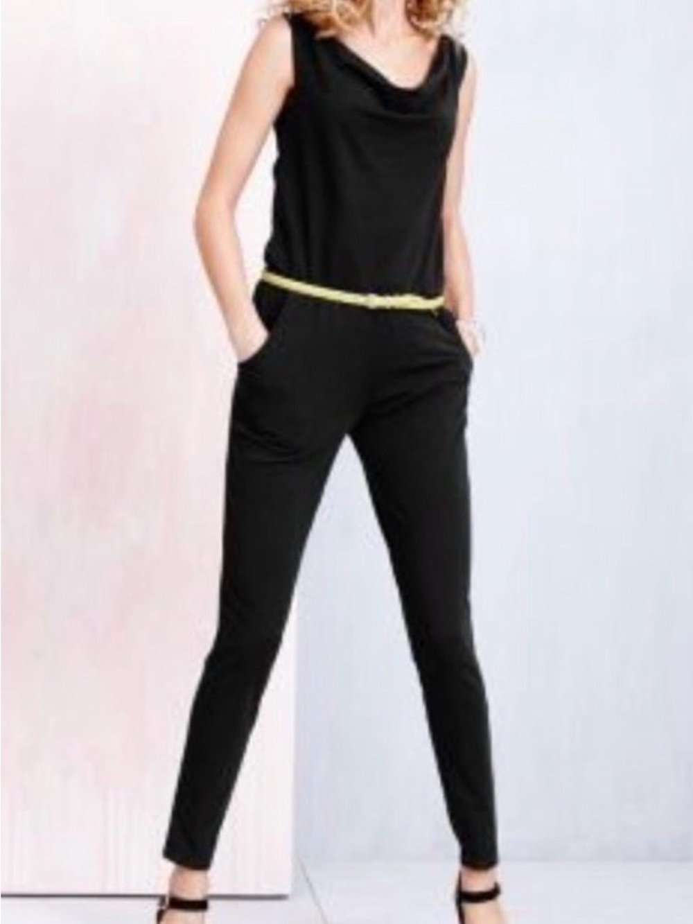 Garnet Hill Jumpsuit Easy Beach Black Lightweight Sleeveless Cowl Neck Size 14 J